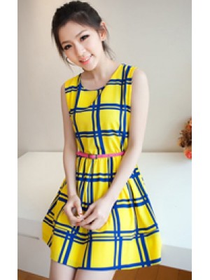 AD012*YELLOW PRINT DRESS WITH BELT (CLEARANCE)